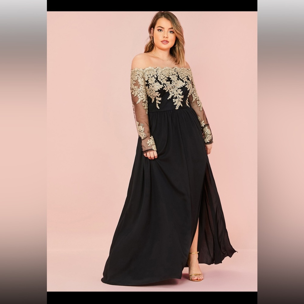 SHEIN plus off shoulder embroidered mesh bodice split hem dress black & gold 2XL